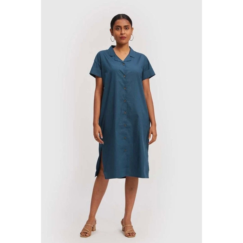Reistor Midi Shirt Dress Size Large Blue Teal 100% Organic Cotton Button Front